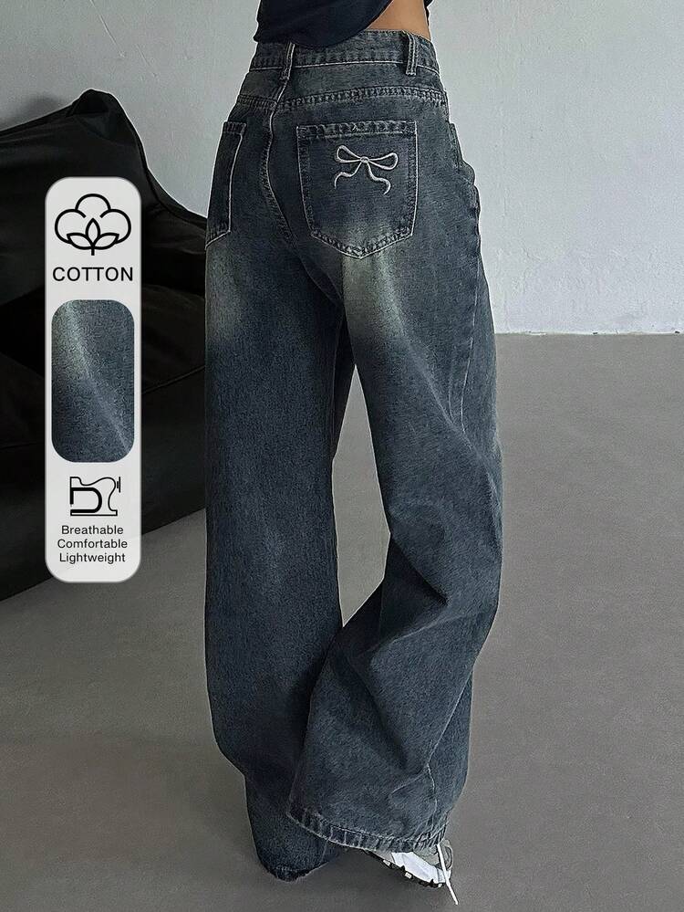 Tall Women's Pocket & Bow Embroidery Design Straight Leg Jeans