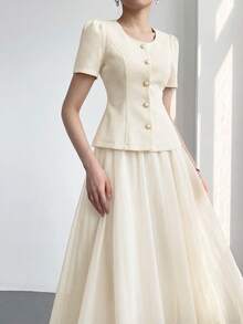 Heiryn 2件套 女士通勤优雅花瓣袖上衣和裙子 - 淡黃色 - 查看 1