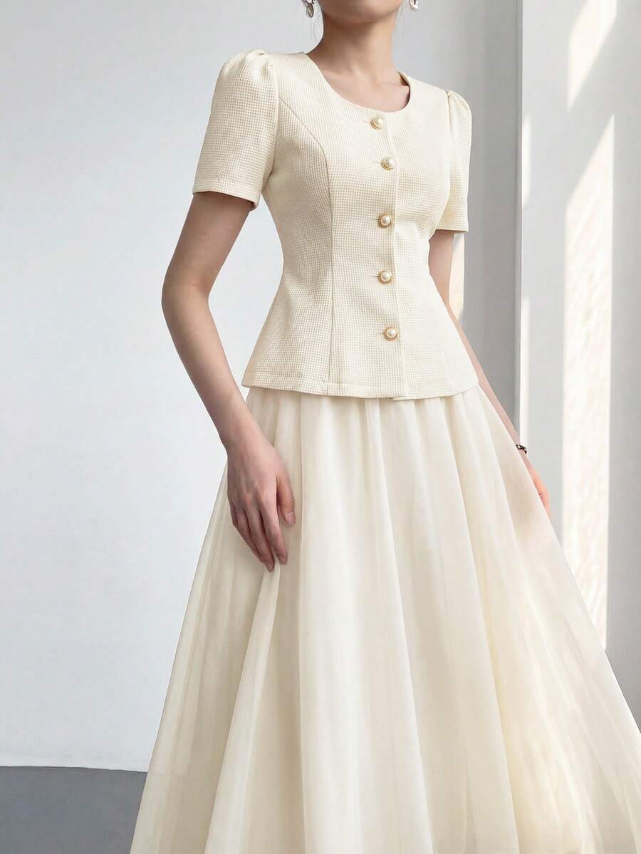 Heiryn 2件套 女士通勤优雅花瓣袖上衣和裙子 - 淡黃色 - 查看 1