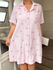 Napfluff CURVE Napfluff CURVE Áo ngủ cardigan tay ngắn màu hồng sọc có họa tiết, thắt nơ, cỡ lớn dành cho nữ. - Hồng - Xem 5
