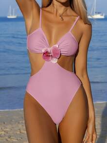 Swim Vcay Costume da bagno intero da donna con decorazioni floreali 3D e volant sulle spalline, adatto per vacanze in spiaggia, feste in piscina e feste in spiaggia - Rosa - Visualizzare 4