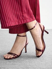 CUCCOO BIZCHIC 女鞋 新款简约时尚高跟鞋 布面细高跟踝带圆头绑带性感百搭通勤镜面PU材质节日春夏四季职场派对约会街头时尚经典凉鞋优雅气质女鞋 - 中紫紅色 - 查看 6