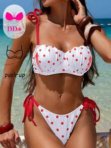 SHEIN DD+ Bộ bikini gợi cảm dành cho nữ, cỡ DD+, có gọng nâng ngực, kiểu dáng vỏ sò, dây đeo có thể điều chỉnh và thắt eo, thích hợp cho mùa xuân/hè. - Đỏ và trắng - Xem 6