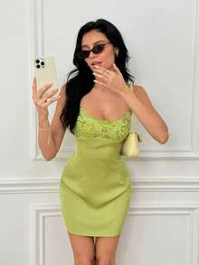 SHEIN Apple Green Sequin Beaded Mesh Patchwork Satin Camisole Mini Dress, Women's Summer Fresh Slimming Satin Mini Dress, Suitable For Vacation, Date, Best Friend Gathering, Graduation Party, Party Outfit - Green - View 5