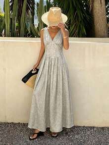 Livesso V-Neck Sleeveless Waist Cinched Ditsy Floral Midi Dress For Women Sun Dresses For Women Summer Vacation Beige Boho - Apricot - View 1