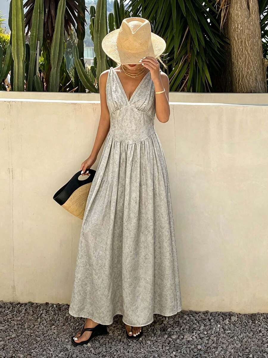 Livesso V-Neck Sleeveless Waist Cinched Ditsy Floral Midi Dress For Women Sun Dresses For Women Summer Vacation Beige Boho - Apricot - View 1