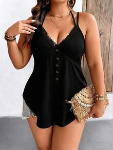 SHEIN CURVE+ Plus Size Versatile Contrast Lace Wooden Button Curved Hem Camisole - Black - View 4