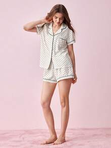 Bonmuse [Elegant Fields]2pcs/Set Women's Mini Polka Dot Printed Pajama Set With Contrast Trim Button-Down Shirt And Bowknot Shorts, Perfect For Home Wear In Summer White Set,Two Pieces Setfor Summer - White - View 8