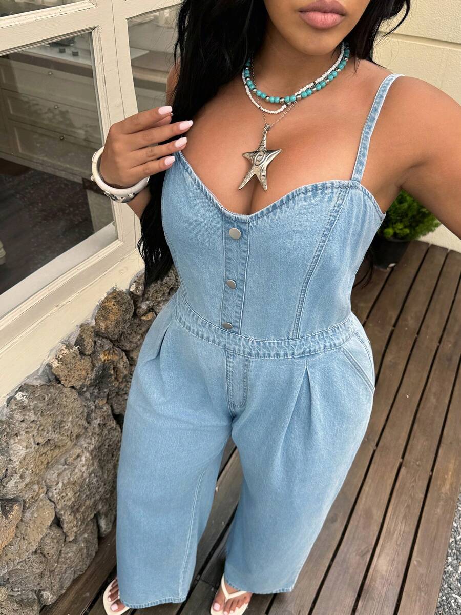 Dazy Plus Bộ jumpsuit denim không dây vai, có dây thắt eo, kiểu dáng thoải mái cho kỳ nghỉ, dành cho nữ cỡ lớn, mùa xuân/hè. - Rửa nhẹ - Xem 1