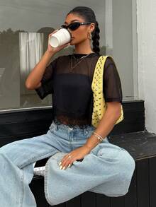 Muchica Áo croptop nữ gợi cảm, thoải mái, màu đen xuyên thấu, chất liệu lưới và ren, phối cùng áo ren. - màu đen - Xem 3