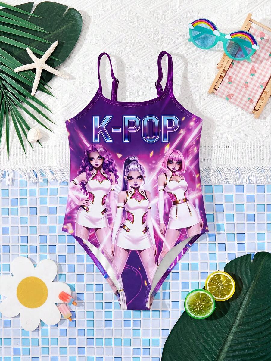 SHEIN 适合夏季的少女休闲简约连体泳衣 - 彩色 - 查看 1