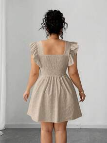 Elenzga Plus Size Summer Jacquard Square Collar Ruffle Hem Elegant Dress Beige Linen - Khaki - View 2