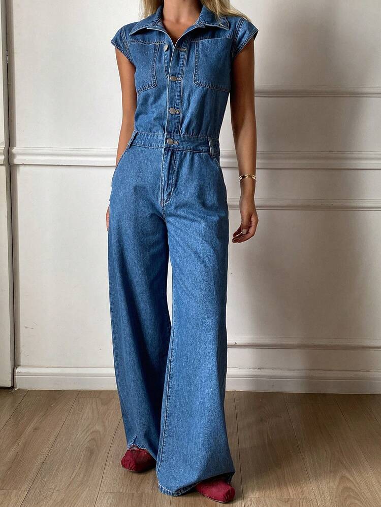 Women's Summer Lapel Sleeveless Waist Loose Wide-Leg Denim Jumpsuit And Overalls