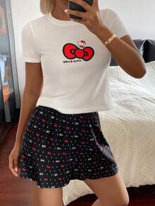 HELLO KITTY | DAZY 女士夏季蝴蝶结印花T恤上衣和全印花睡裤套装 - 白色 - 查看 1