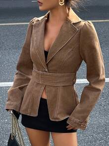 DAZY Women's Cotton Turndown Collar Cinched Waist Denim Jacket - Brown - View 7