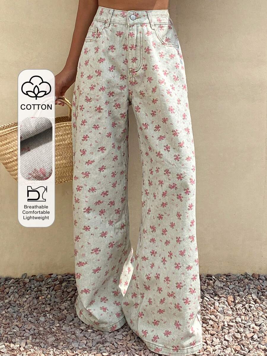 Livesso Cotton Ditsy Floral Casual Loose Fit Women Jeans - White - View 1