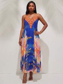 Radiana Plus Size Women's Royal Blue Butterfly Summer BOHO Chiffon Flowy Maxi Dress,Backless Floral Vacation,Casual Beach Resort Western Wear Chic Outing - Blue - View 4