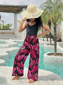 SHEIN 2件套少女夏季度假碎花边上衣和阔腿裤套装 - 粉色 - 查看 3