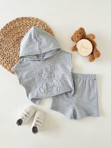 Baby Boy Cute Korean Style Bear Embossed Pattern Hoodie T-Shirt And Shorts Set - Beige - View 5