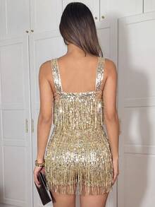 Ronhire 女士时尚修身亮片流苏黑色粗肩带露背露肩亮片短款夜间外出派对连体裤，性感华丽狂欢鸡尾酒连体裤短款，性感派对装扮，适合节日派对服装 - 金色 - 查看 2