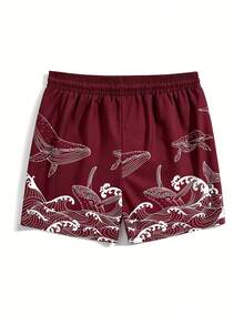 Palasendo Quần short đi biển nam mùa hè in hình cá voi, cạp chun, có dây rút. - Màu Đỏ Sâu - Xem 4