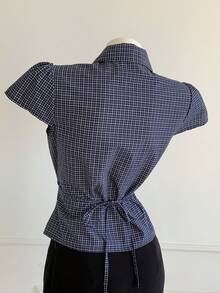 SHEIN Comfortcana 大码女式夏季休闲/办公通勤格纹印花翻领花瓣袖修身衬衫 - 藍色 - 查看 2