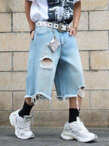 Manfinity EMRG Quần short denim ống rộng màu đồng bạc màu dành cho nam - Rửa nhẹ - Xem 5