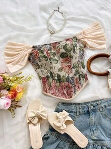 Soleia Áo ống kiểu dáng cổ điển sang trọng với họa tiết hoa jacquard nhiều màu sắc, có cúc và dây buộc phía sau, thích hợp cho kỳ nghỉ và hẹn hò. - Nhiều màu - Xem 1