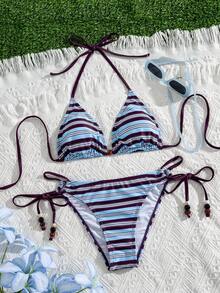 Swim Vcay Bộ bikini gợi cảm kẻ sọc đính hạt, kiểu cổ yếm hở lưng, cúp tam giác, thích hợp cho kỳ nghỉ hè. - Nhiều màu - Xem 2