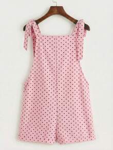 SHEIN EZwear 夏季休闲宽松度假风粉色底棕色波点印花系带腰带口袋拼接短款连体裤，适合夏季、度假、音乐节、返校、海滩、夏季派对等场合。 - 彩色 - 查看 2