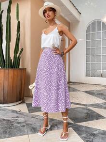 SHEIN Holidaya Váy maxi xẻ đùi in họa tiết toàn thân, thích hợp cho kỳ nghỉ biển, trang phục nữ. - Màu tím - Xem 5