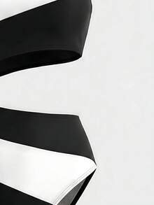 Sweetra Women's Color Block One Shoulder One-Piece Swimsuit For Swimming, Vacation, Summer Beach - Black and White - View 3
