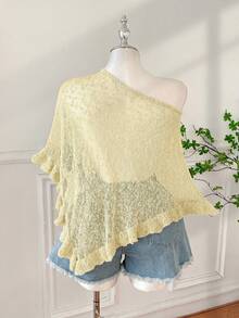 SHEIN EZwear 大码女式绿色荷叶边半透明休闲钩针披肩，适合夏季外出和约会 - 鵝黃色 - 查看 2