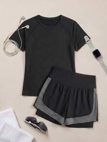 Cheerettes 女士纯色短袖T恤和撞色短裤户外套装 - 黑色 - 查看 1