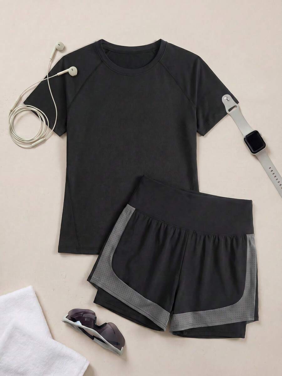 Cheerettes 女士纯色短袖T恤和撞色短裤户外套装 - 黑色 - 查看 1