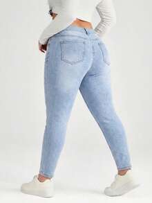 SHEIN BASICS Quần jean denim nữ cỡ lớn, kiểu dáng thường ngày, có túi, khóa kéo, cạp chun. - Rửa nhẹ - Xem 2