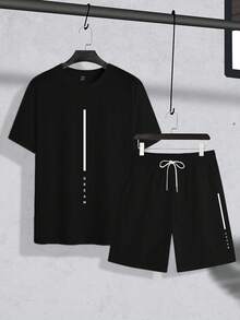 Manfinity Homme Plus Size Men's Casual Fashion Street Daily Commute Letter Print Short Sleeve T-Shirt And Drawstring Waist Shorts Set, Summer - Black - View 2