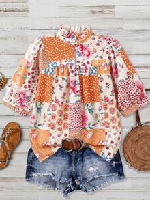 Linhara Plus Size Ditsy Floral Shirt, Comfortable Elegant Vintage, Suitable For Vacation, Party Vacation, , Versatile, Exquisite Design Beige Autumn - Multicolor - View 3
