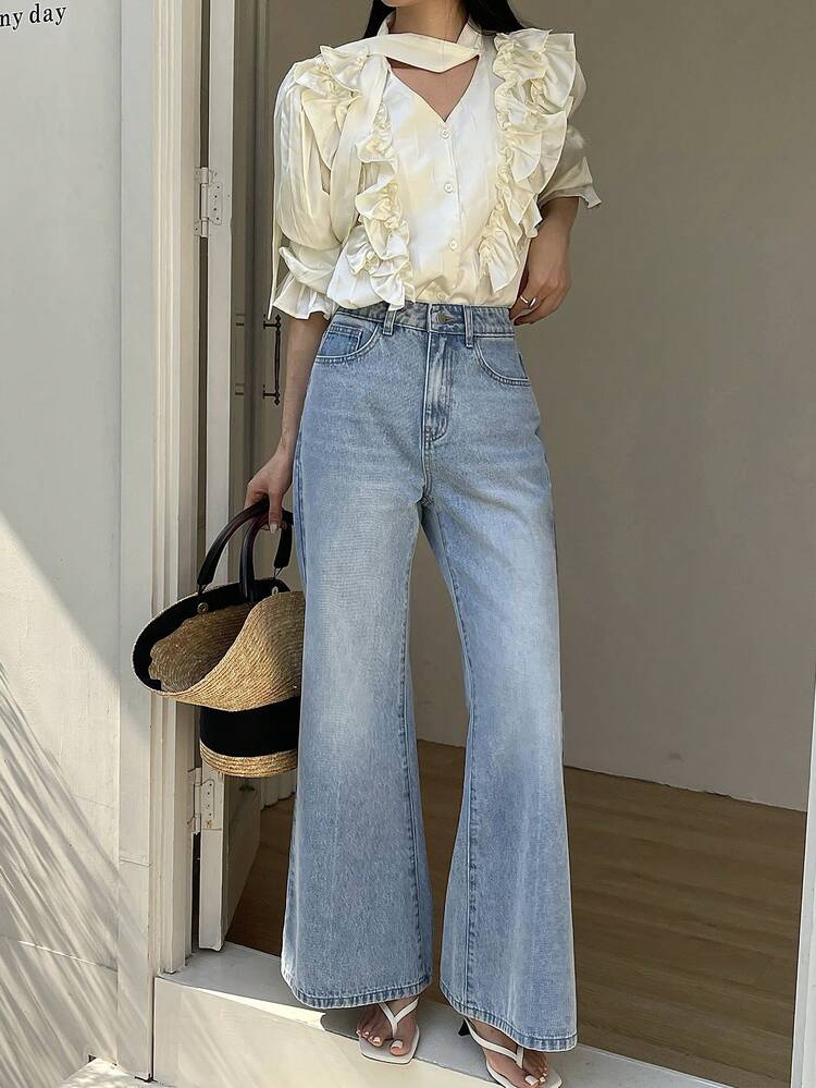 Women's Regular Waist Loose Flare Jeans, Casual & Elegant City Style