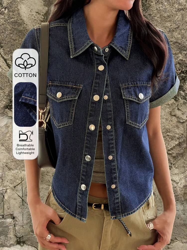 Women's Summer Collared Short Sleeve Pocket Decor Fitted Open Front Casual Elegant Washed Denim Blouse