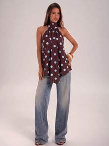 SHEIN BAE Áo hai dây nữ kiểu dáng thường ngày, cổ yếm, hở lưng, chấm bi, vạt không đều, thích hợp cho kỳ nghỉ biển, mặc hàng ngày, đi chơi, tụ họp bạn bè, áo hai dây chấm bi, trang phục lễ hội âm nhạc, đi làm, hẹn hò lãng mạn, thiết kế thời trang, áo hai dây chấm bi màu nâu. - màu nâu - Xem 5