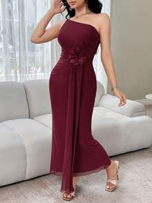 Feyla Women's Summer Solid Color 3D Floral Asymmetric Neckline Tube Dress - Burgundy - View 6