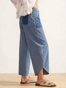 Bohemela Plus Size Casual Washed Striped Low-Waist Jeans Date Night Navy Blue Summer - Medium Wash - View 7