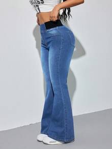 SHEIN PETITE 女款藍色牛仔緊身喇叭褲，舒適高彈力丹寧，夏季辦公穿搭，美人魚風，適合嬌小女性 - 中等水洗藍 - 查看 4
