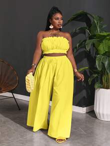 Slaydiva Atasan Cami Berenda Ukuran Plus Wanita & Celana Panjang Kaki Lebar Pinggang Paperbag - Kuning - View 9