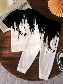 2pcs/Set Letter Graphic Print T-Shirt And Pants Set, Black & White, Fashionable Casual Outfit For Boys, Suitable For All Seasons - Black - View 4