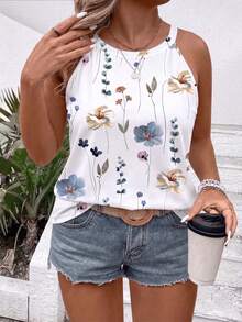 Plus Size Casual Vintage White Base Floral Print Spaghetti Strap Camisole - Multicolor - View 4