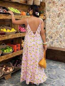 Weeklong Plus Size Women's Casual Vacation Dress With Ruffled Backless, Striped Lemon Print, A-Line, Spring/Summer - Multicolor - View 4