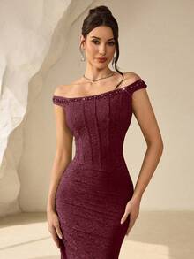 Coutiva Đầm dạ hội đính cườm sang trọng, đầm dự tiệc cao cấp, đầm dự tiệc nhẹ nhàng, thanh lịch dành cho quý cô. - Màu Đỏ Sâu - Xem 5