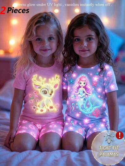 Toddler Girls' Cute Deer & Floral Print Glow-In-The-Dark Short Sleeve Top And Shorts 2-Piece Pajama Set